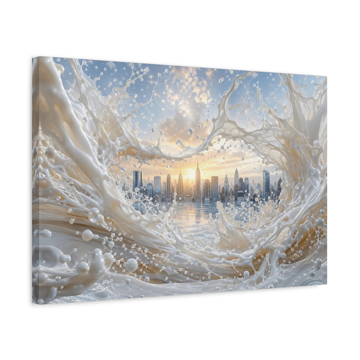 Side Mockup 3. Abstract Cityscape Splash White Cityscape shown as stretched canvas wall art