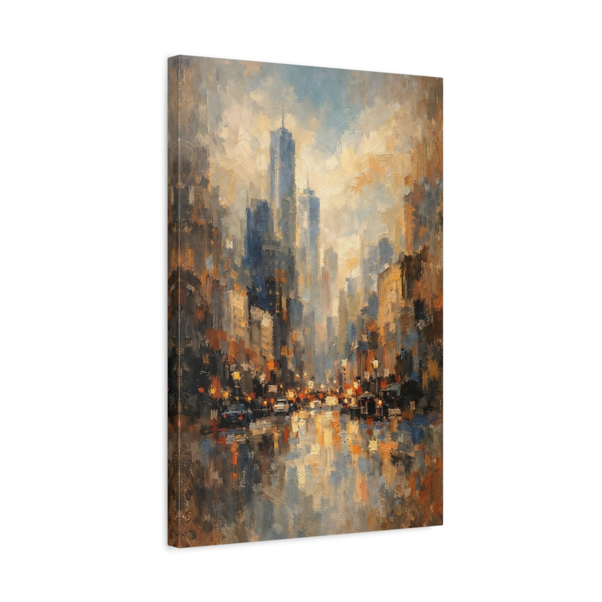 Side Mockup 3. Abstract Cityscape Urban Blue Gold shown as stretched canvas wall art