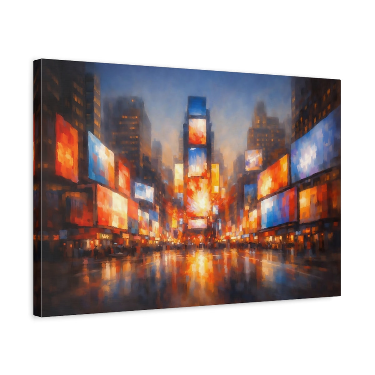 Side Mockup 3. Abstract Cityscape Vibrant City Lights shown as stretched canvas wall art