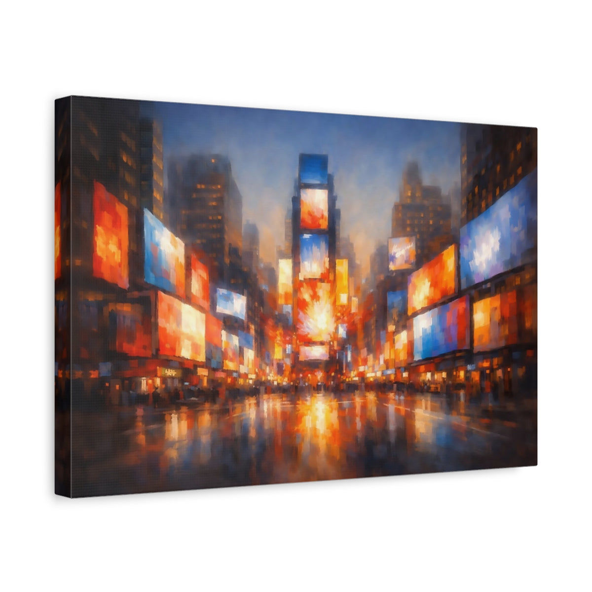 Side Mockup 4. Abstract Cityscape Vibrant City Lights shown as stretched canvas wall art