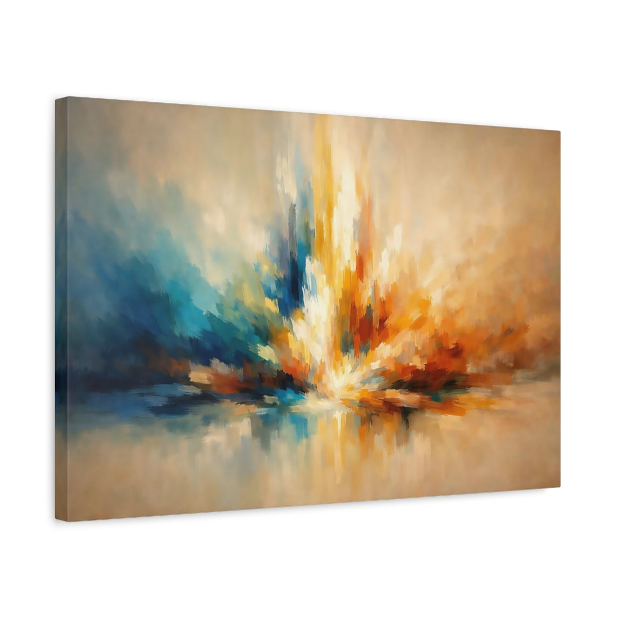 Side Mockup 3. Abstract Color Burst Blue Orange Abstract shown as stretched canvas wall art