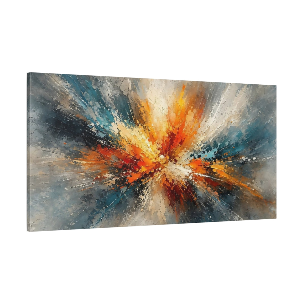 Side Mockup 2. Abstract Color Burst Orange Teal Abstract shown as stretched canvas wall art