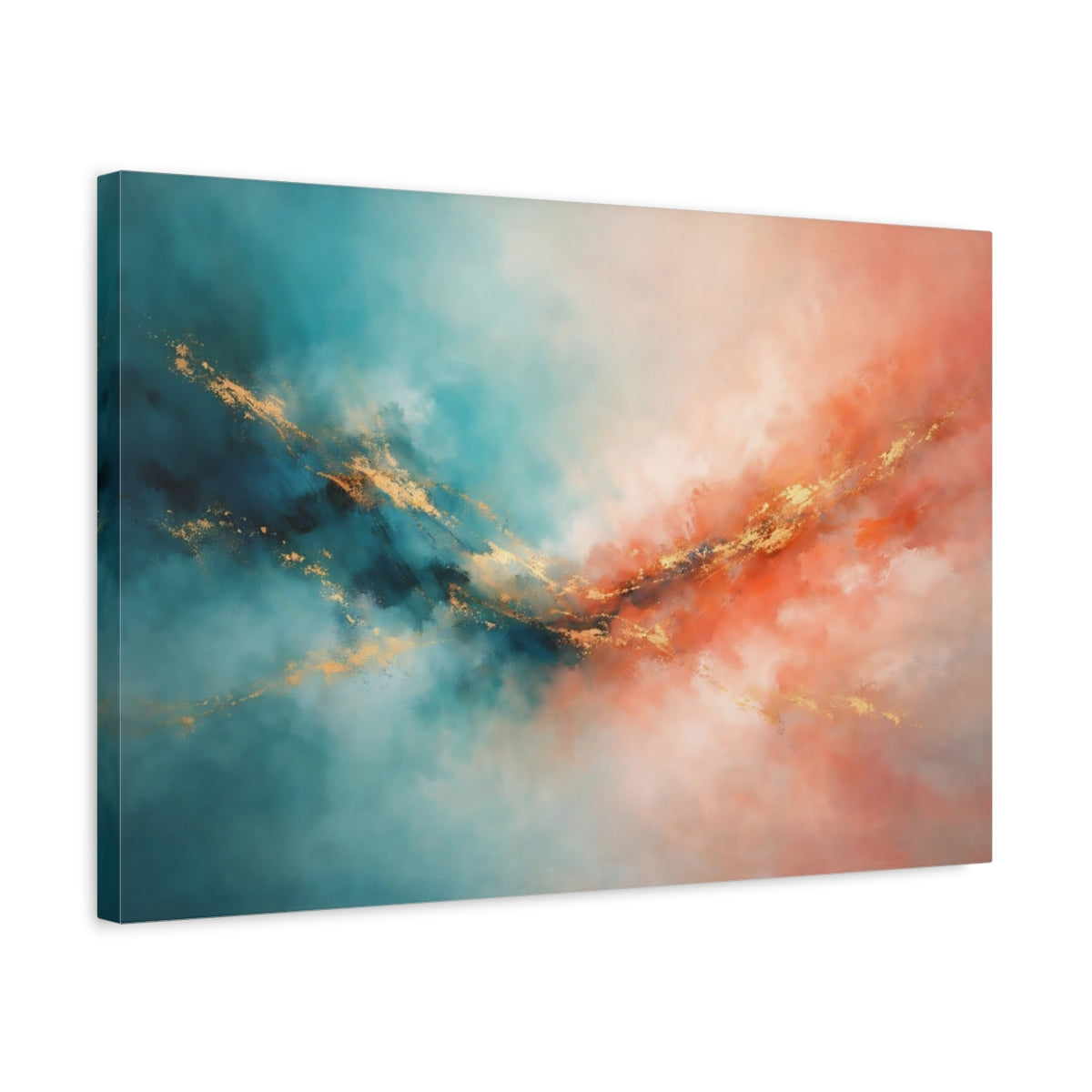Side Mockup 3. Abstract Abstract Colors Teal Orange Gold shown as stretched canvas wall art