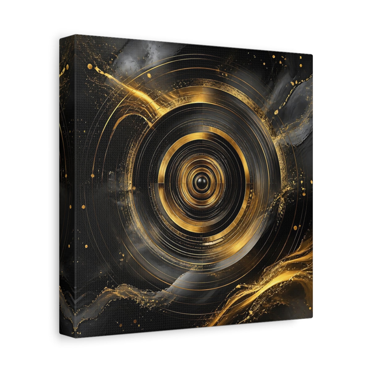 Side Mockup 9. Abstract Concentric Circles Black And Gold shown as stretched canvas wall art