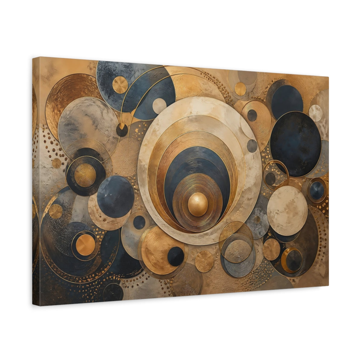 Side Mockup 3. Abstract Concentric Circles Gold Blue Abstract shown as stretched canvas wall art