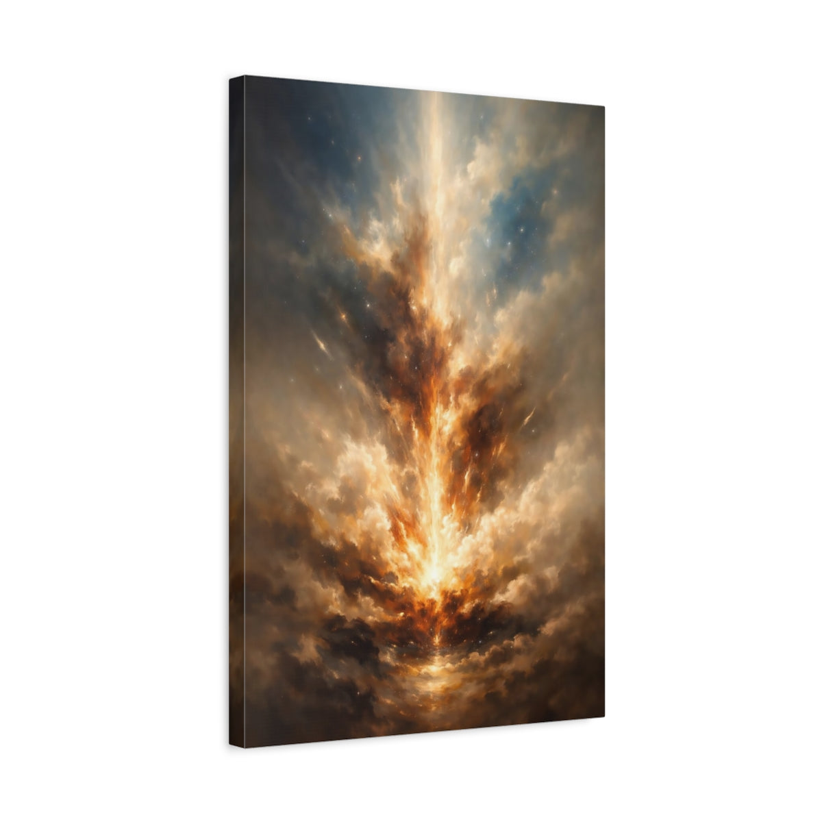Side Mockup 3. Abstract Cosmic Light Gold Blue Abstract shown as stretched canvas wall art