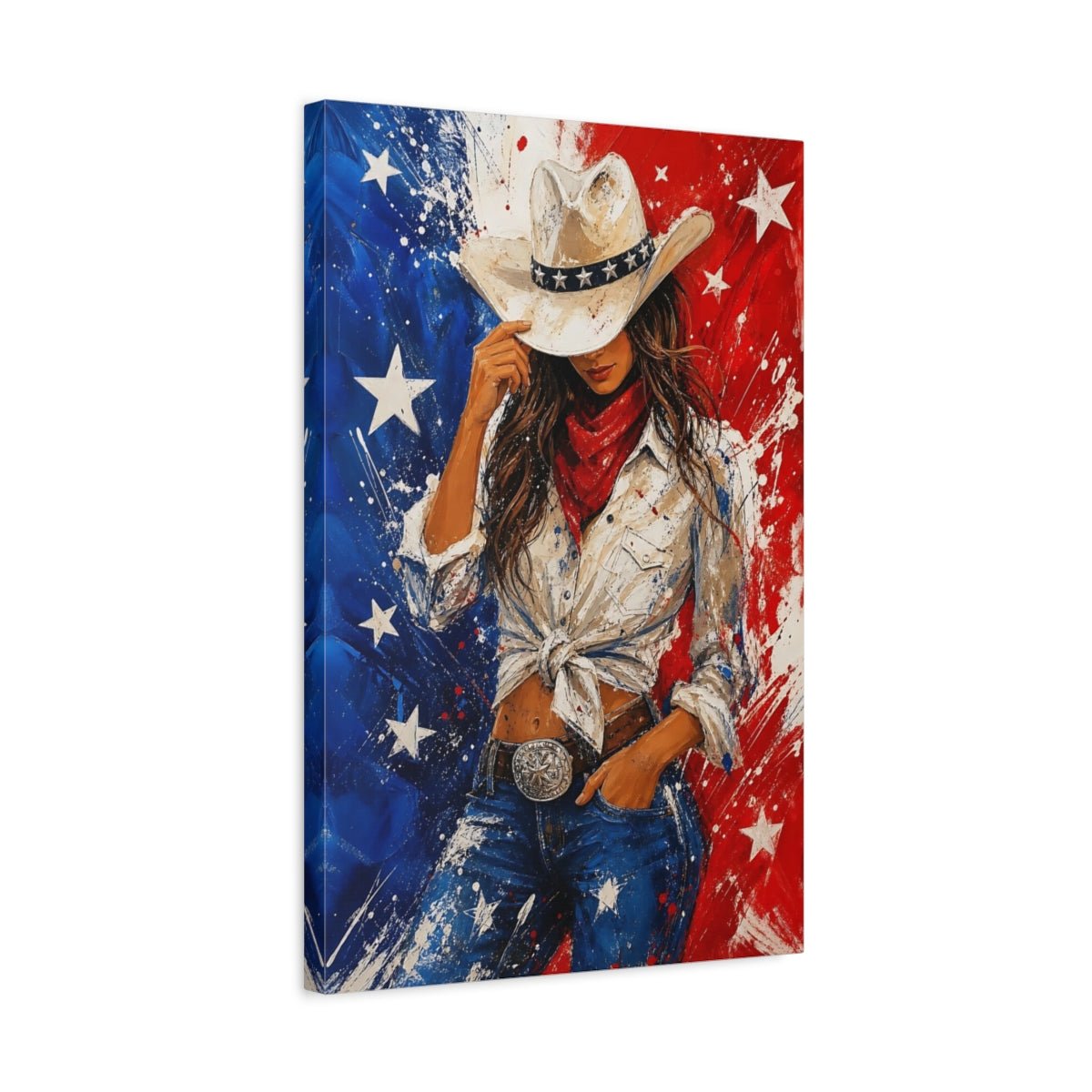 Abstract Cowgirl Red White Blue Canvas Wall Art Print – Living Room Decor, Above Couch - YesArtYes