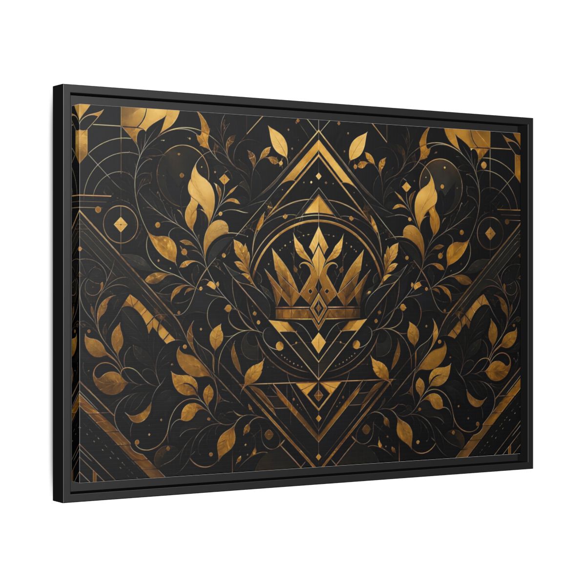 Side Mockup 14. Abstract Crown Gold And Black shown as framed canvas print