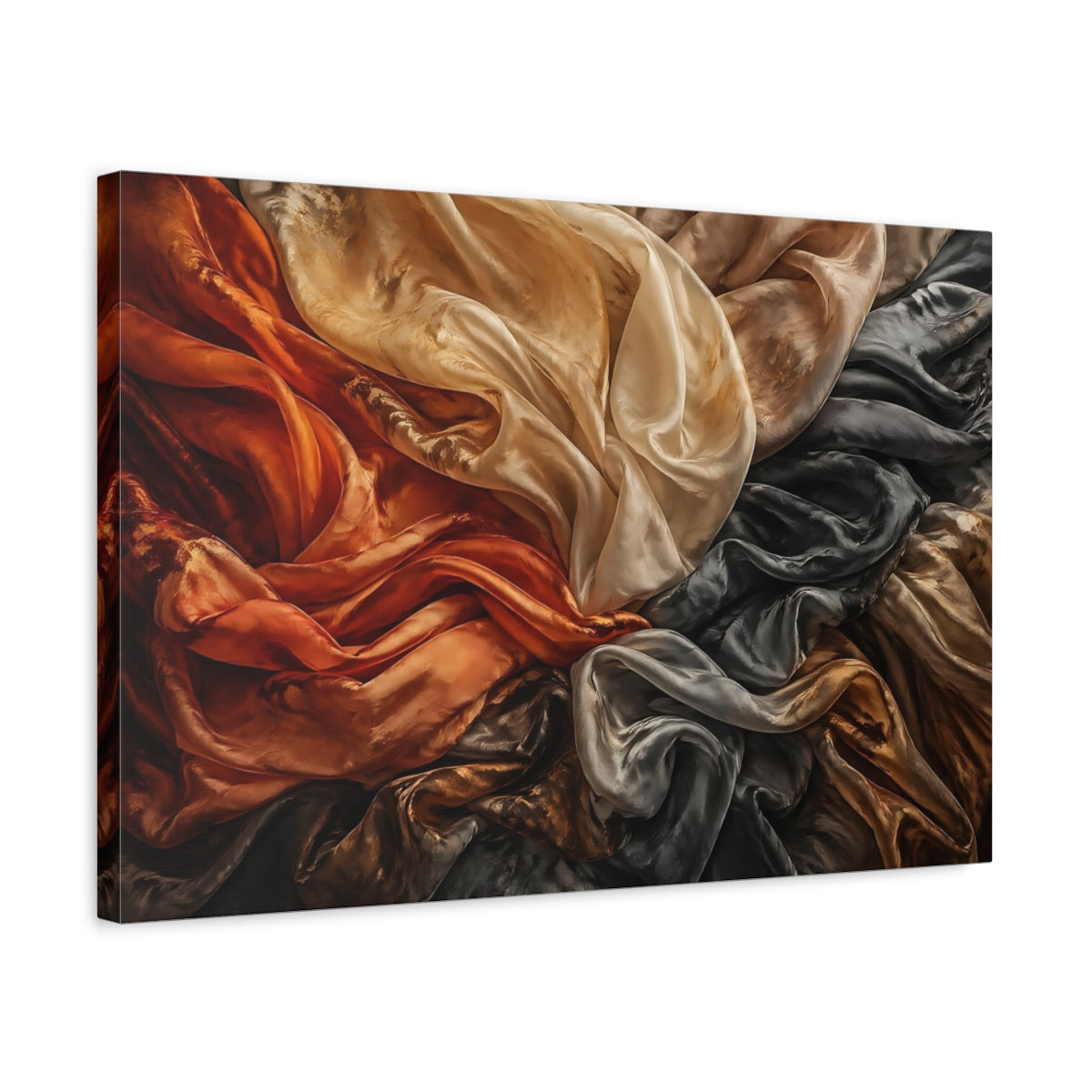 Side Mockup 3. Abstract Crumpled Fabric Warm And Cool Fabric shown as stretched canvas wall art