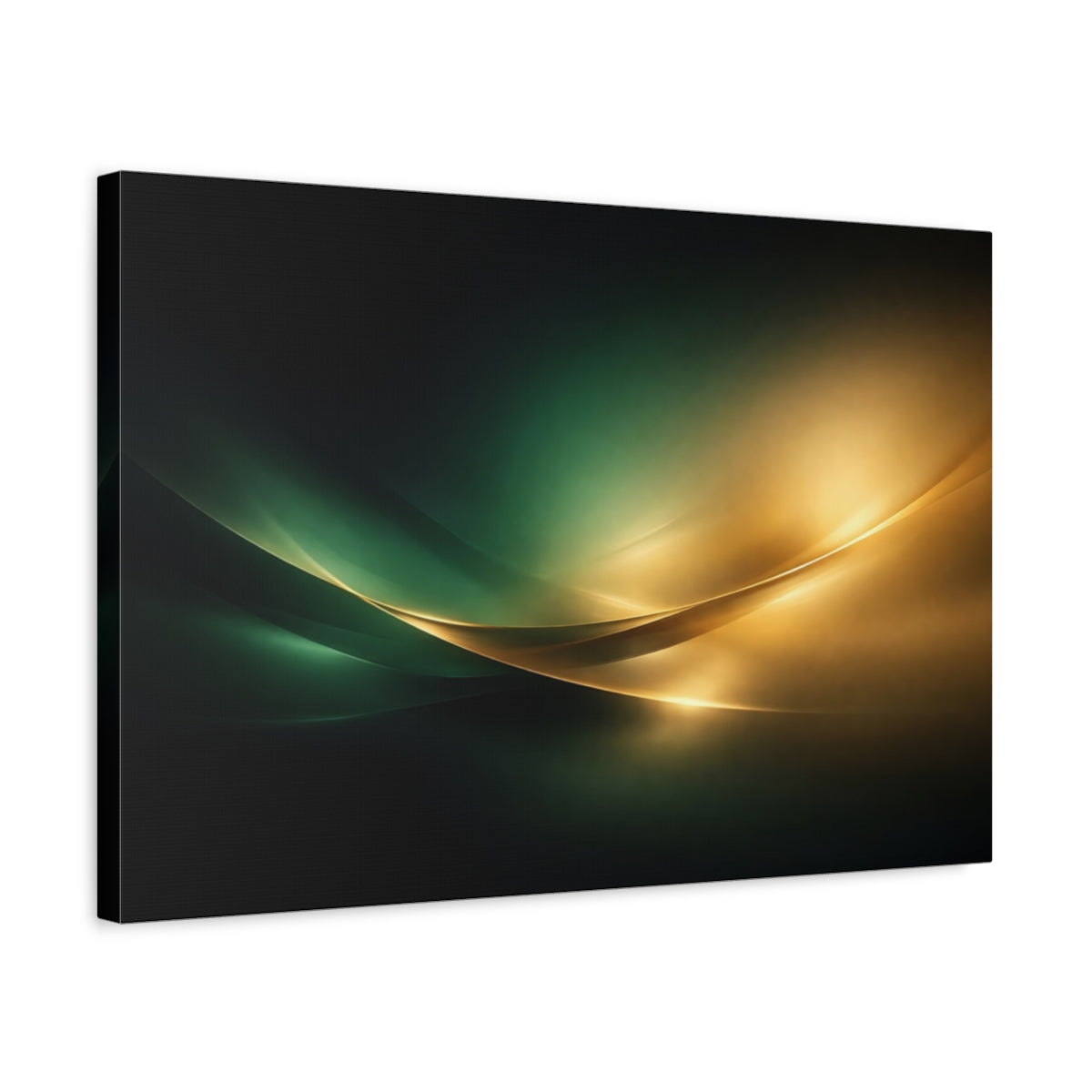 Side Mockup 3. Abstract Abstract Curves Green And Gold Abstract shown as stretched canvas wall art
