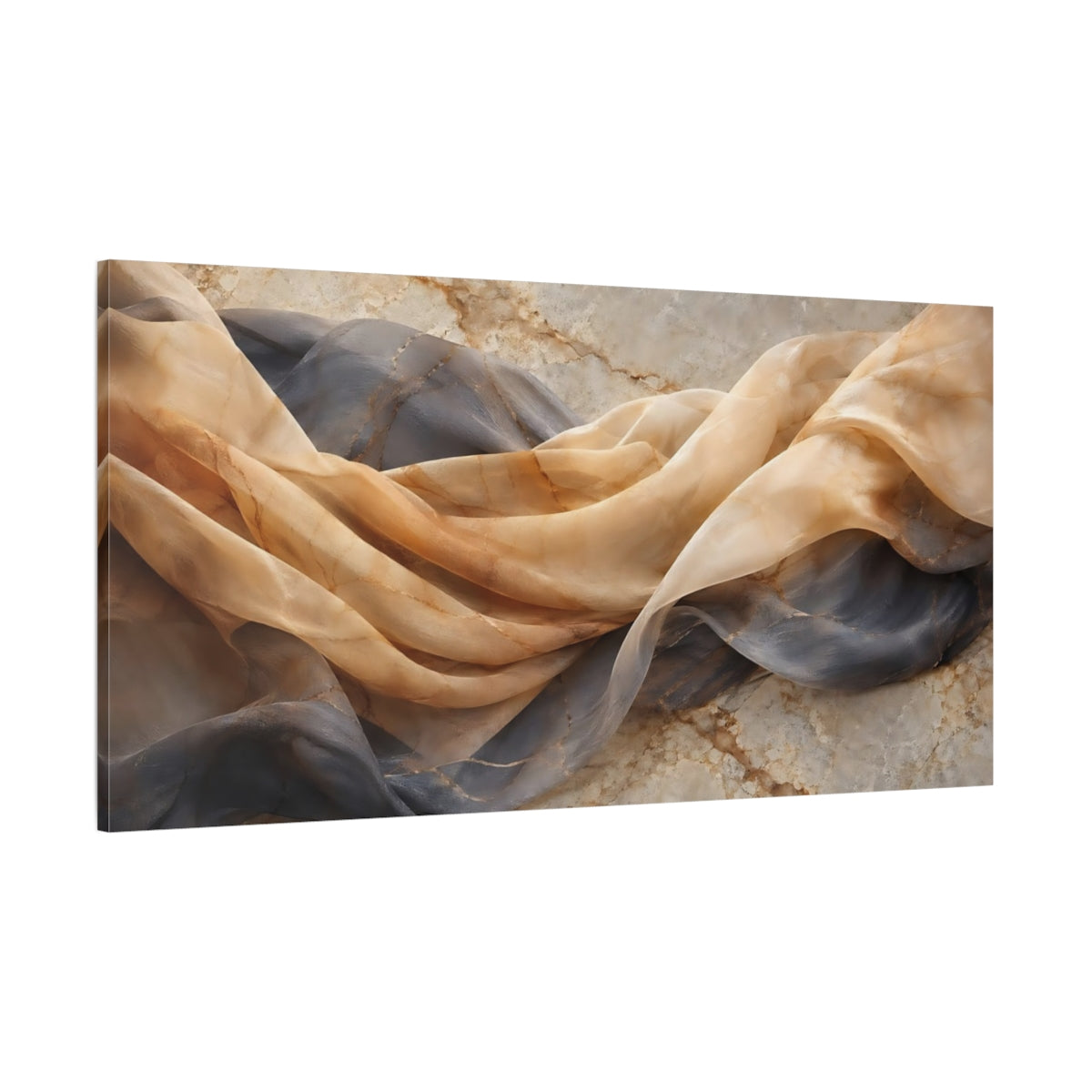 Side Mockup 2. Abstract Draped Fabric Brown Gray Gold shown as stretched canvas wall art
