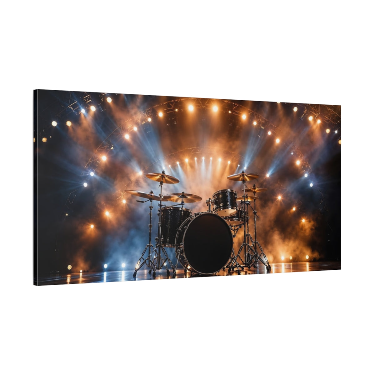 Side Mockup 2. Abstract Drum Set Concert Stage Lights shown as stretched canvas wall art