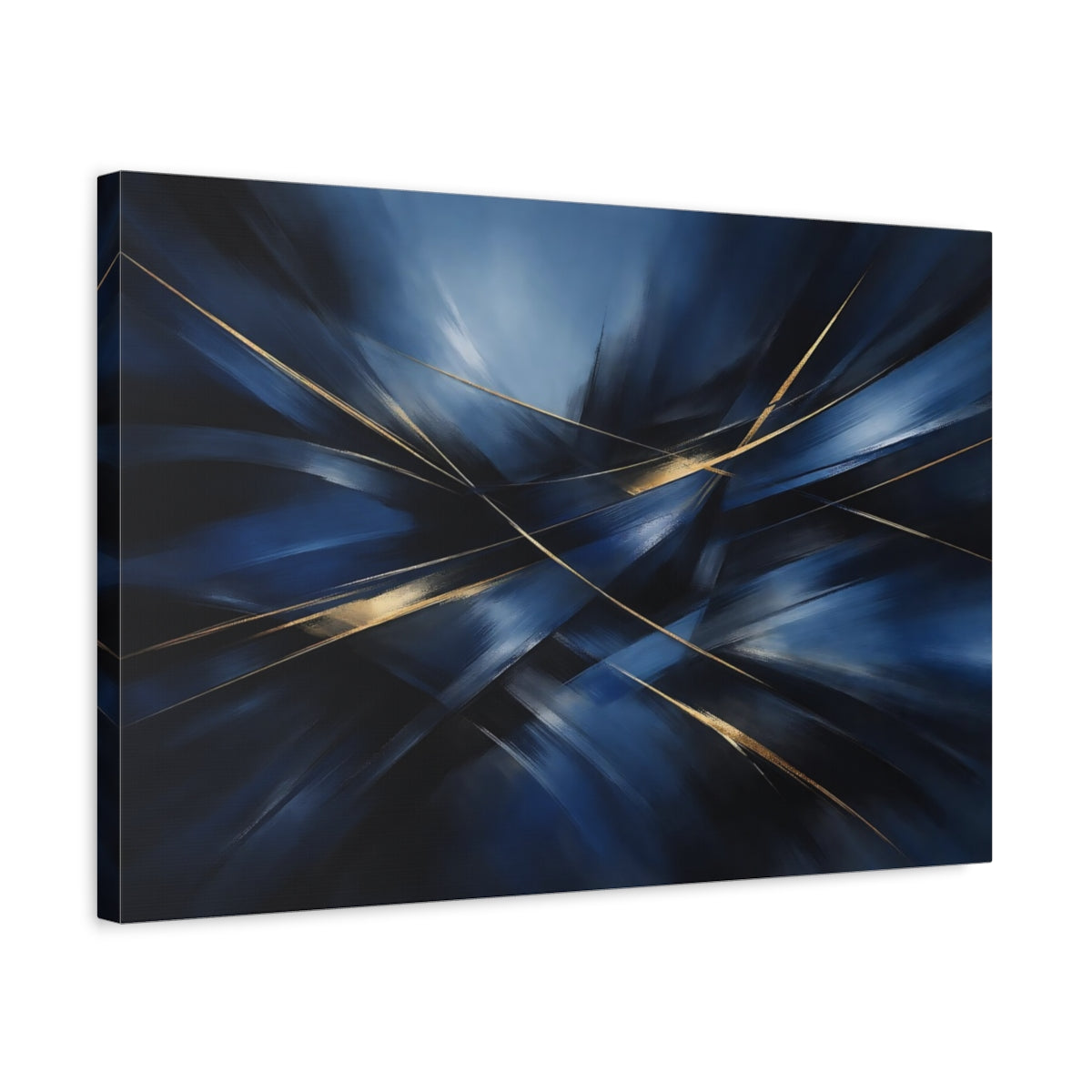 Side Mockup 3. Abstract Dynamic Lines Blue And Gold Abstract shown as stretched canvas wall art
