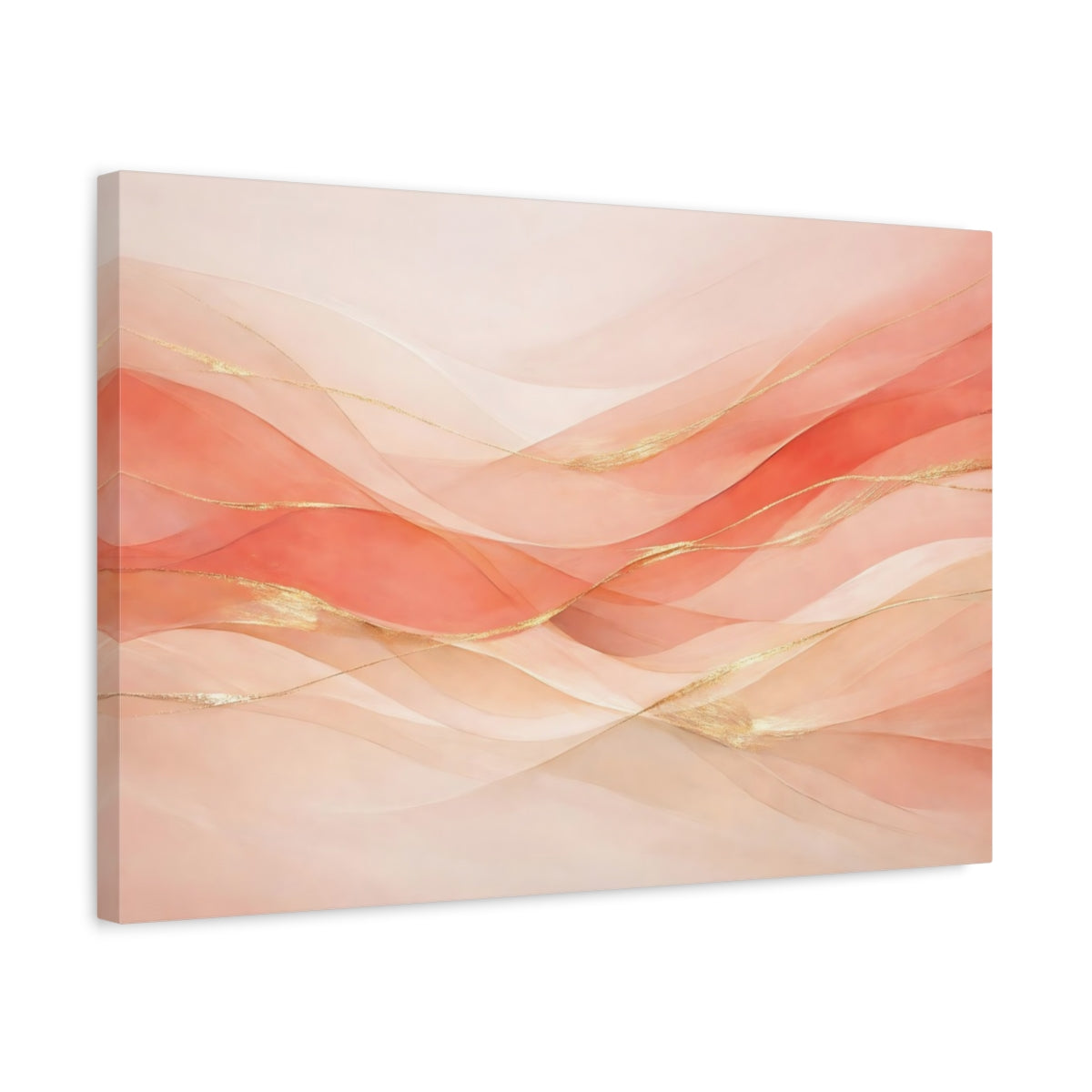 Side Mockup 3. Abstract Abstract Waves Peach And Gold Abstract shown as stretched canvas wall art
