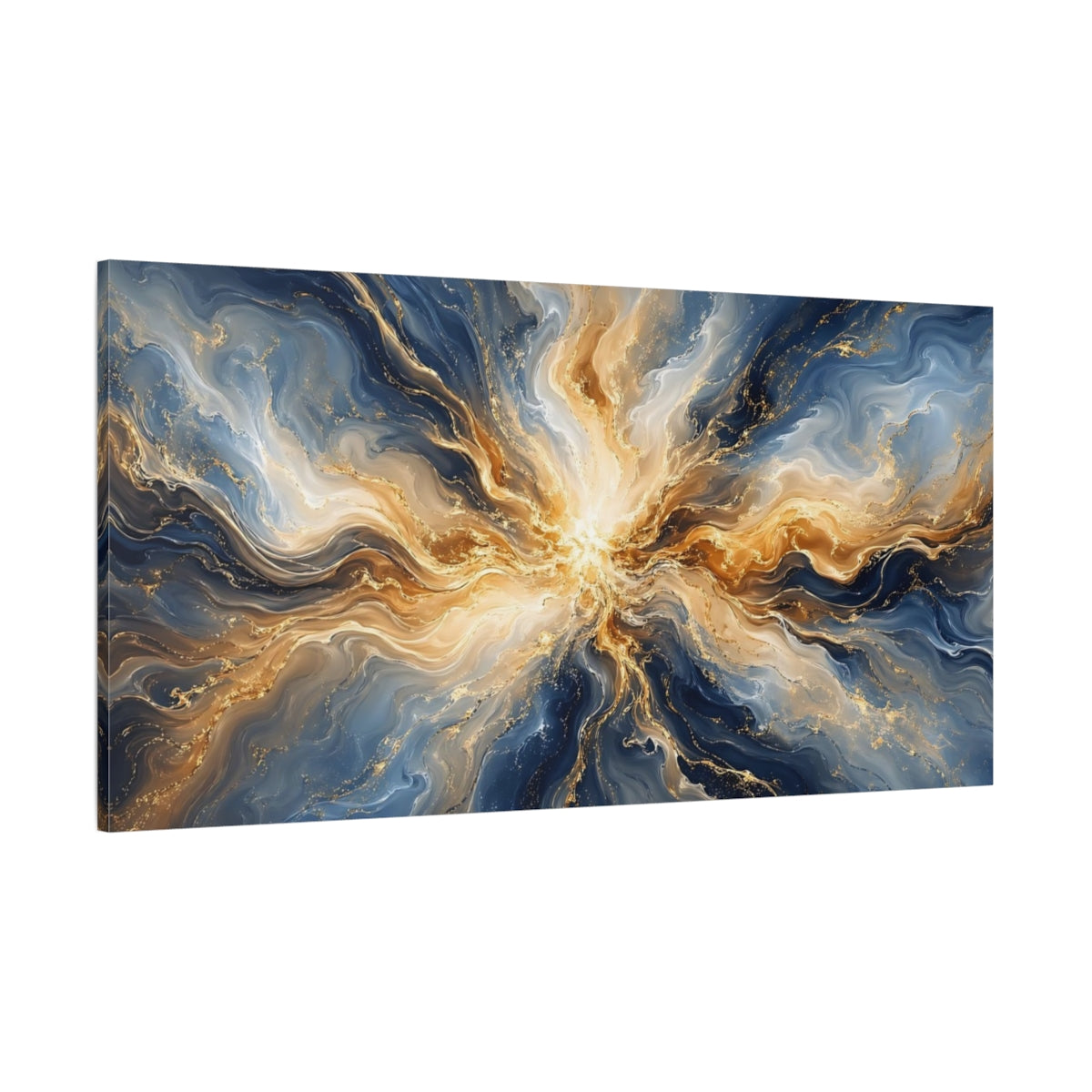 Side Mockup 2. Abstract Energy Burst Blue And Gold shown as stretched canvas wall art