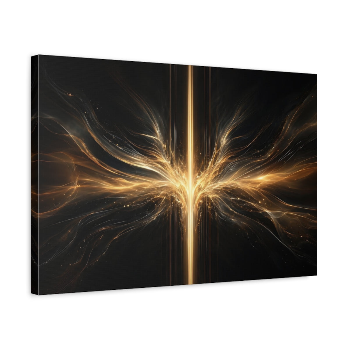 Side Mockup 3. Abstract Energy Burst Gold And Black Abstract shown as stretched canvas wall art