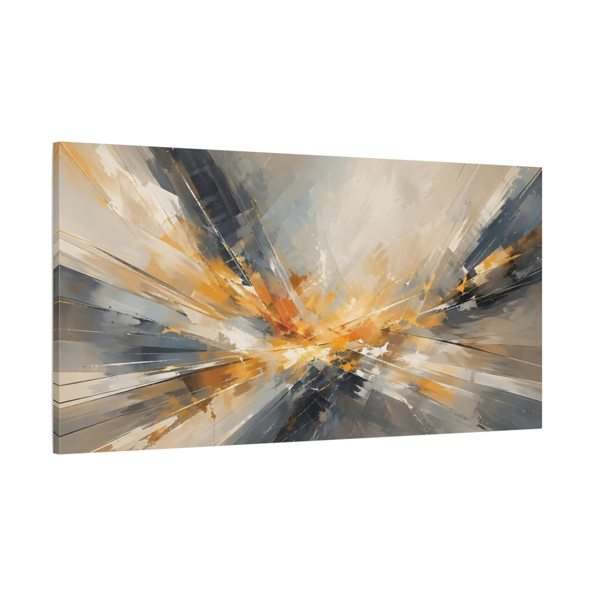 Side Mockup 2. Abstract Energy Burst Orange Grey Abstract shown as stretched canvas wall art