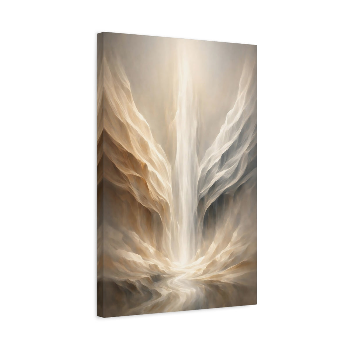 Side Mockup 3. Abstract Ethereal Canyon Beige And Gold shown as stretched canvas wall art