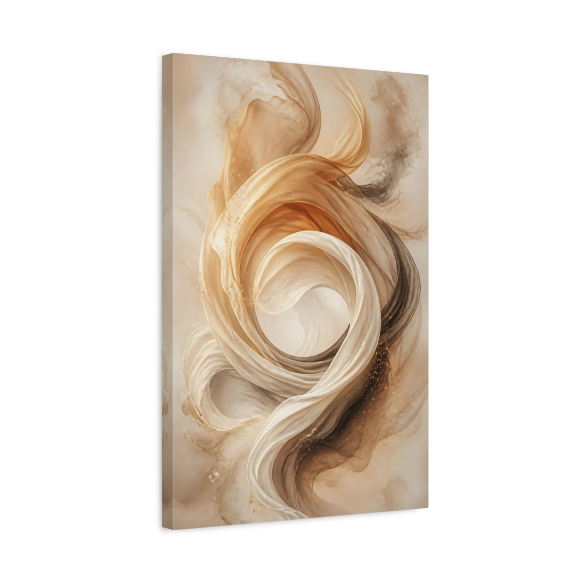 Side Mockup 3. Abstract Ethereal Fabric Gold And Beige shown as stretched canvas wall art