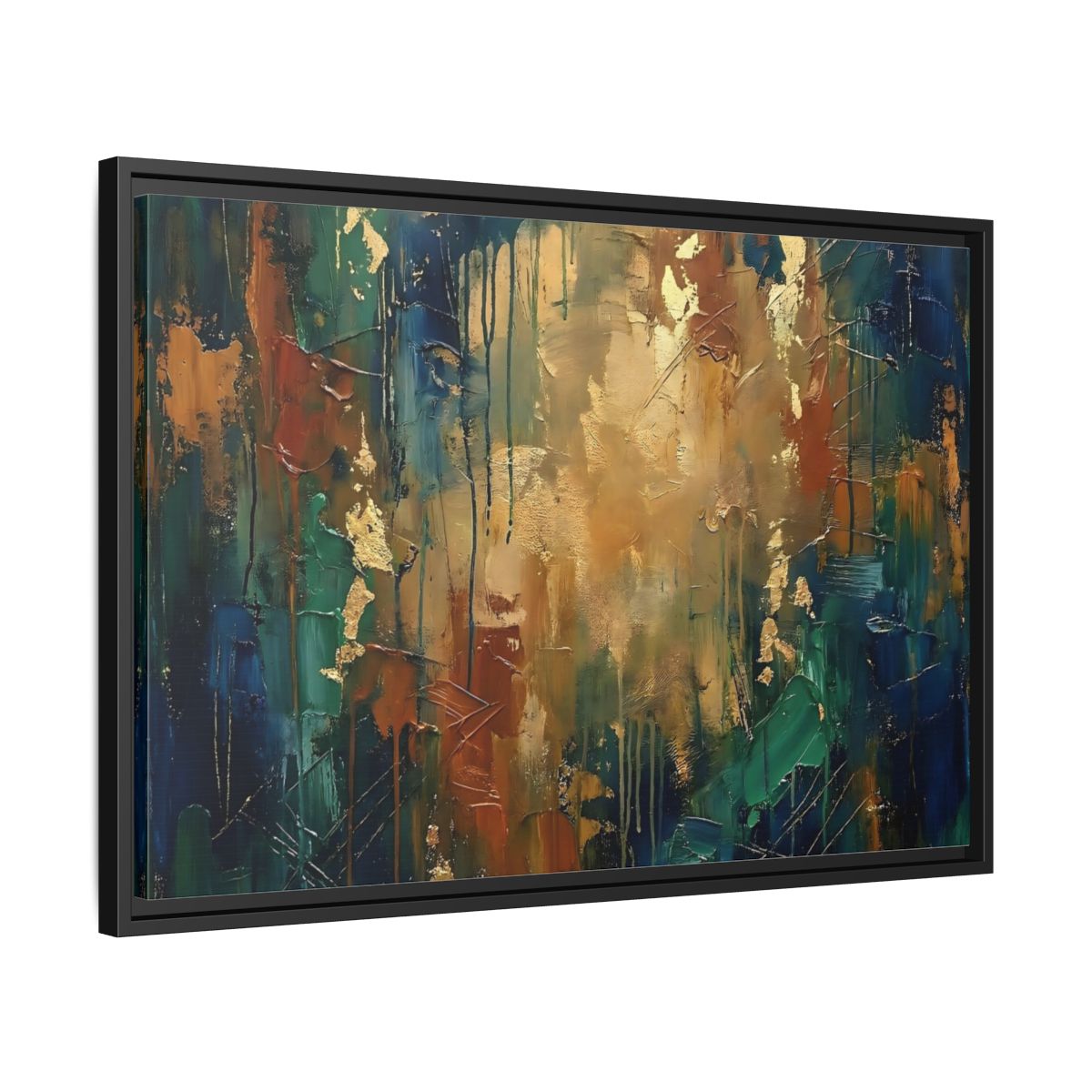 Side Mockup 14. Abstract Abstract Painting Blue Green Gold Abstract shown as stretched canvas wall art