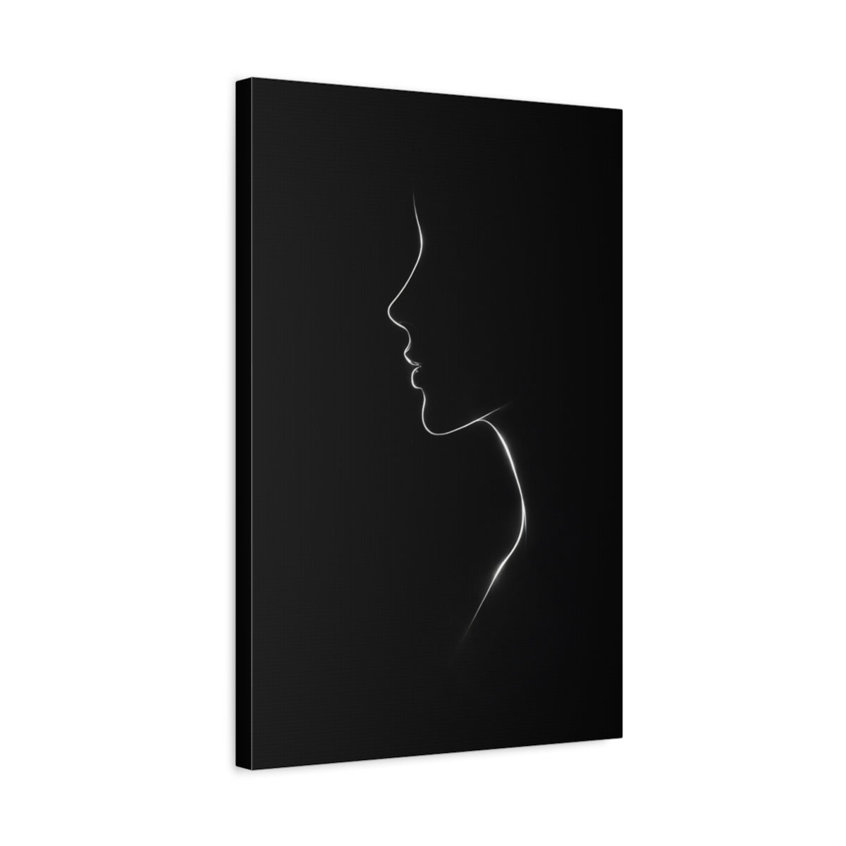 Side Mockup 3. Abstract Female Profile Black And White shown as stretched canvas wall art