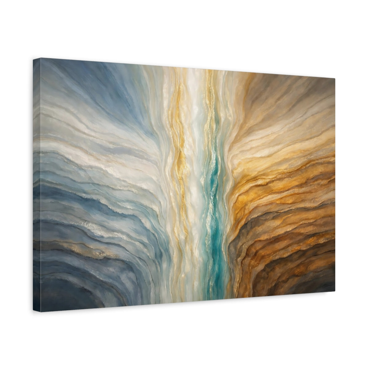 Side Mockup 3. Abstract Abstract Flow Blue And Gold Abstract shown as stretched canvas wall art