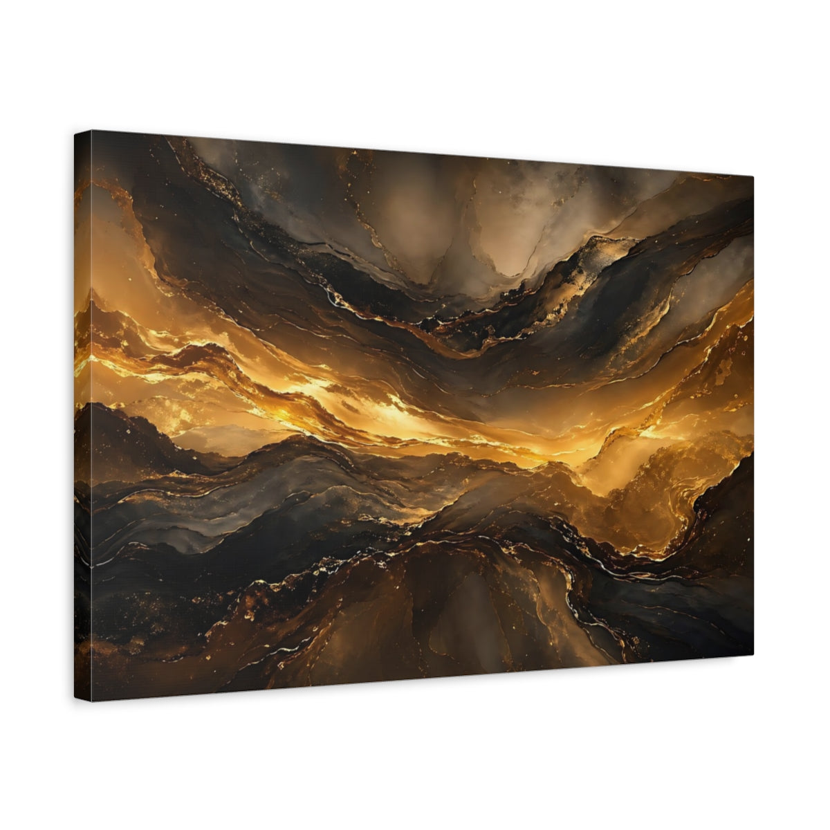 Side Mockup 3. Abstract Abstract Flow Gold And Black shown as stretched canvas wall art