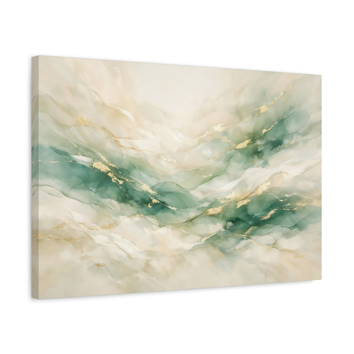 Side Mockup 3. Abstract Abstract Flow Teal And Gold shown as stretched canvas wall art