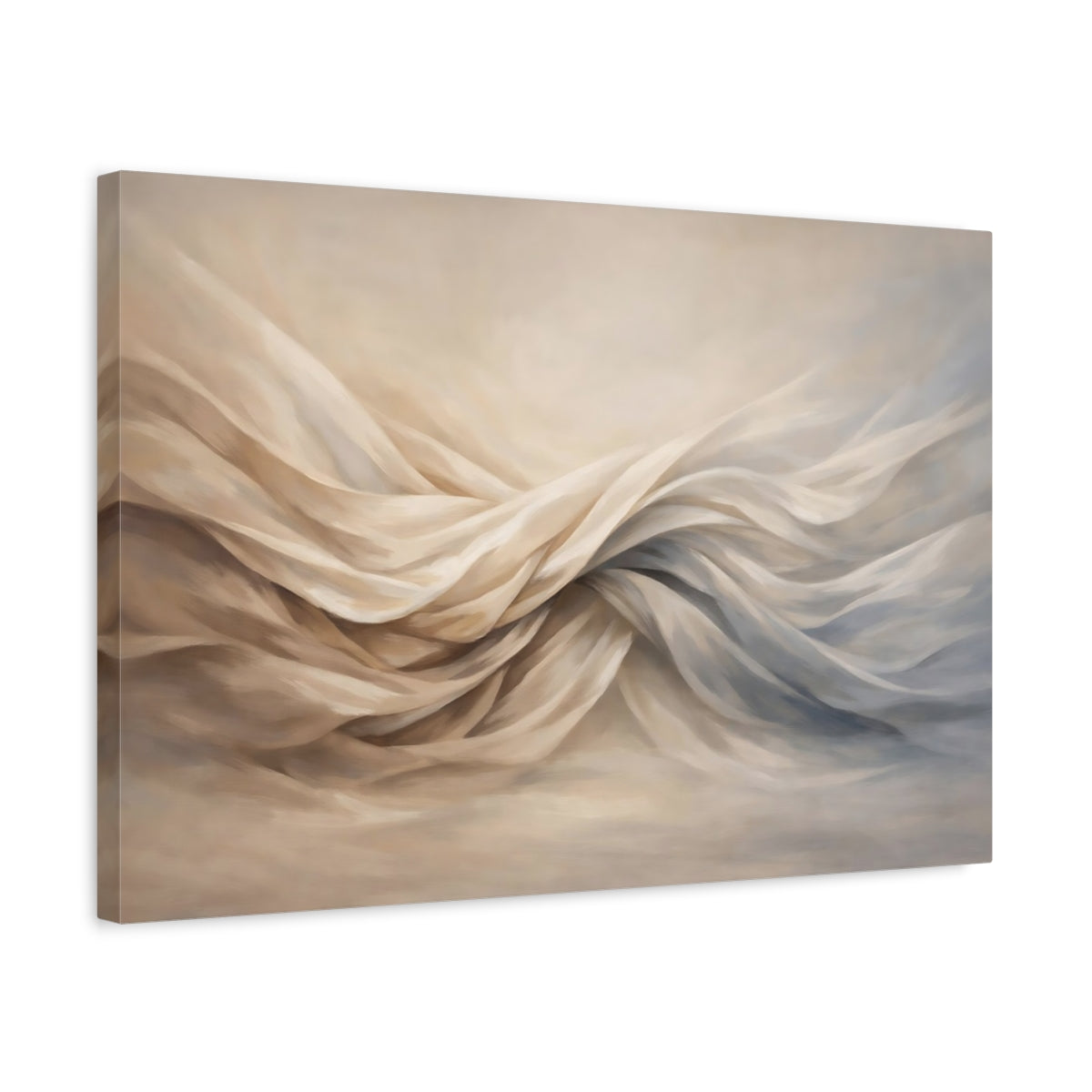 Side Mockup 3. Abstract Flowing Fabric Cream And Blue shown as stretched canvas wall art
