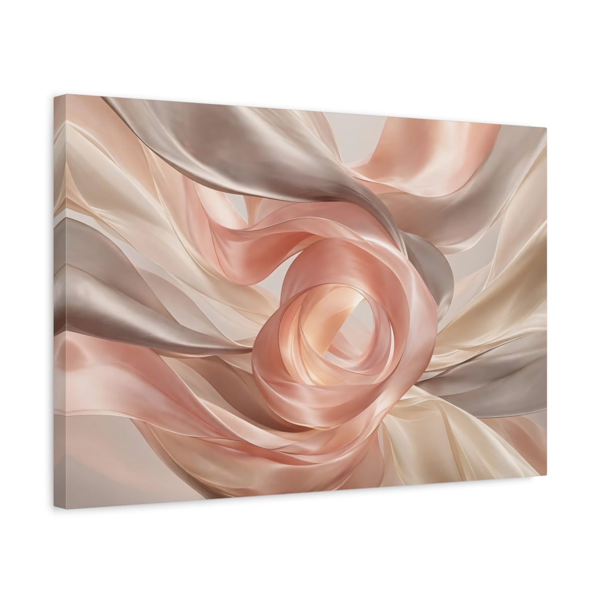 Side Mockup 3. Abstract Flowing Fabric Pink And Beige Flow shown as stretched canvas wall art