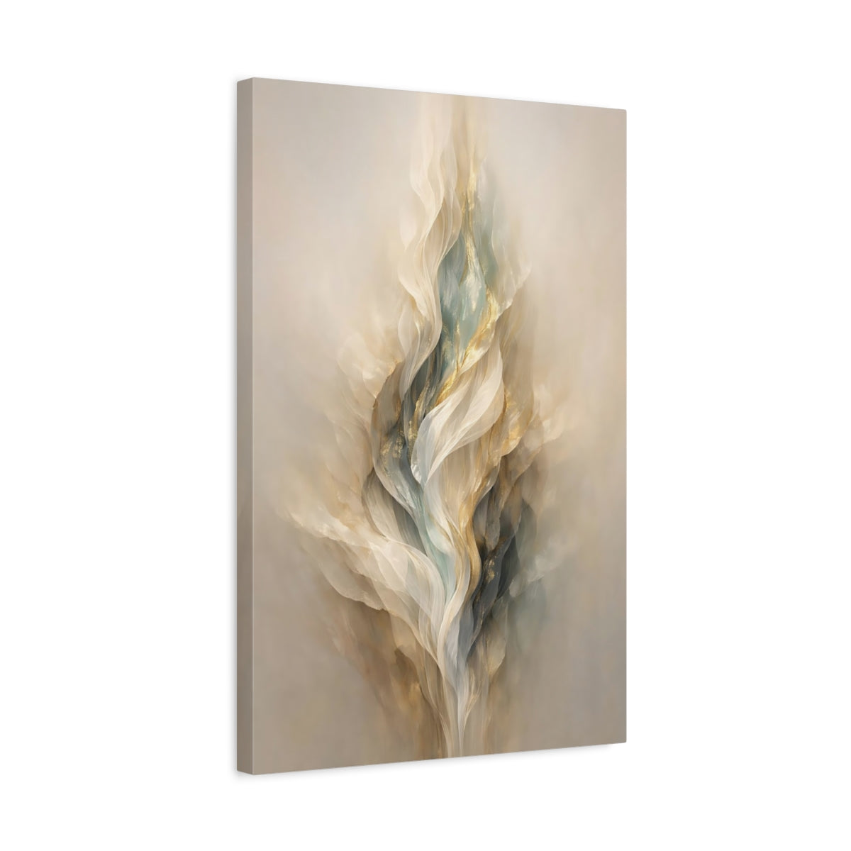 Side Mockup 3. Abstract Flowing Form Cream Gold Teal shown as stretched canvas wall art