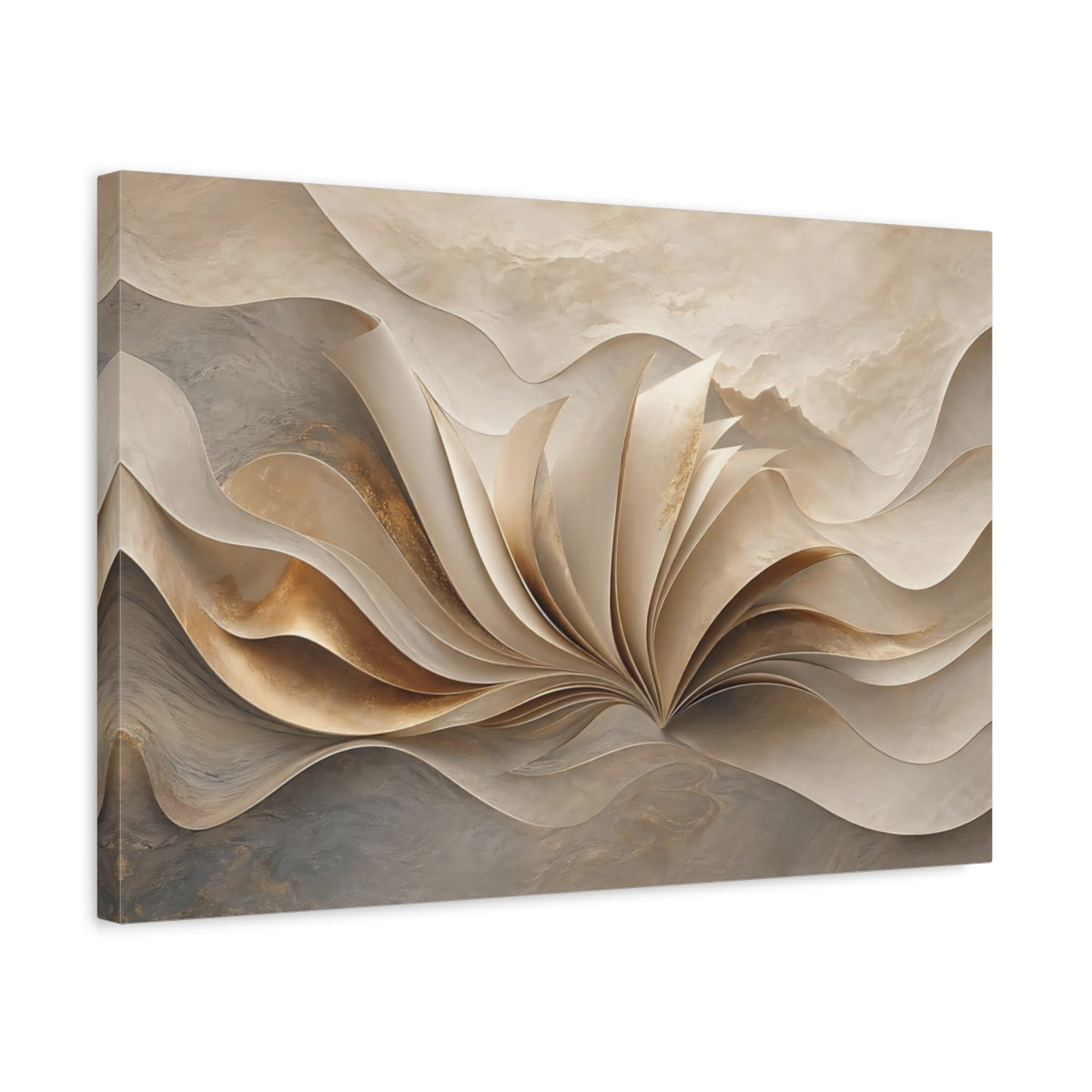 Side Mockup 3. Abstract Flowing Gold Gold And Beige shown as stretched canvas wall art
