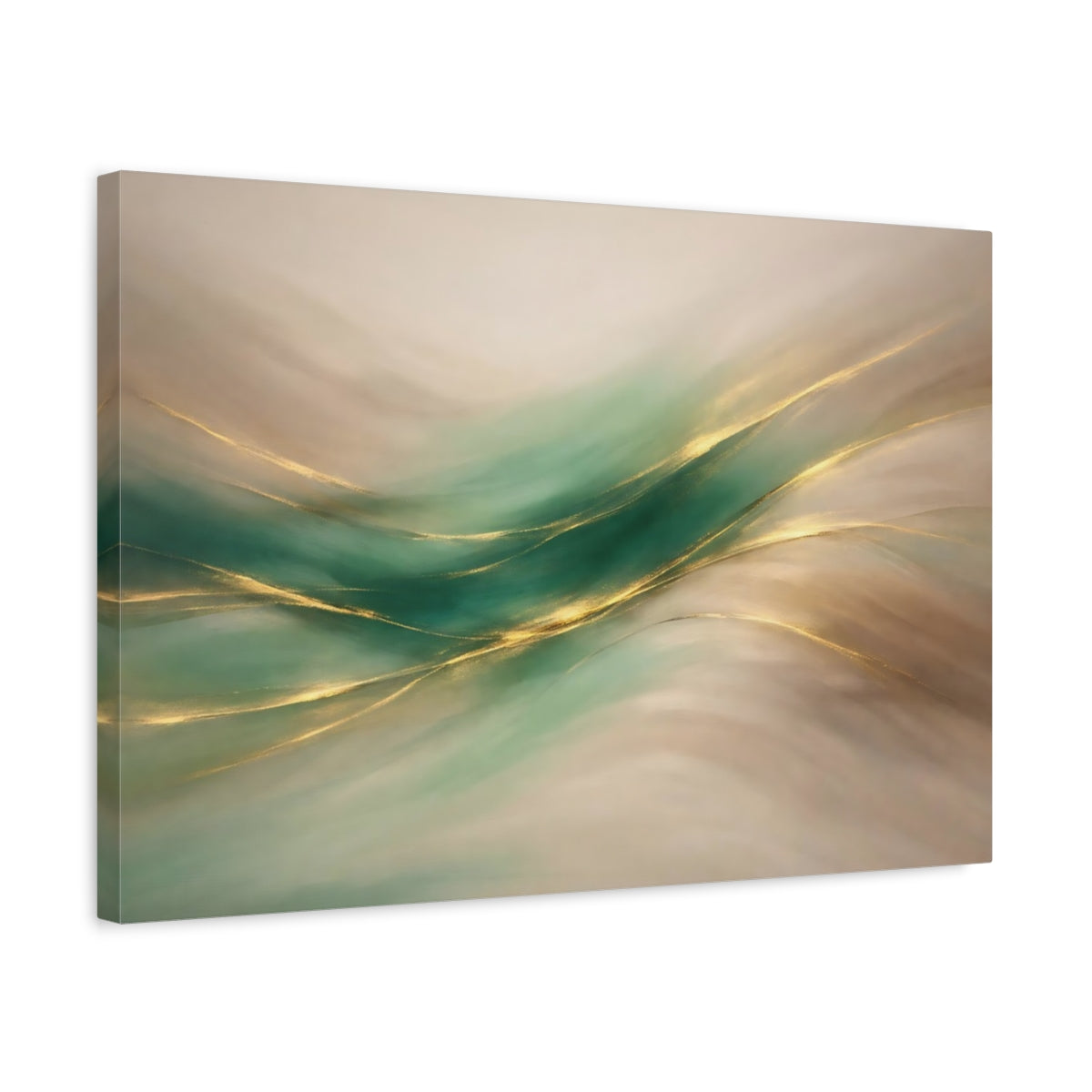 Side Mockup 3. Abstract Flowing Lines Teal Gold Abstract shown as stretched canvas wall art