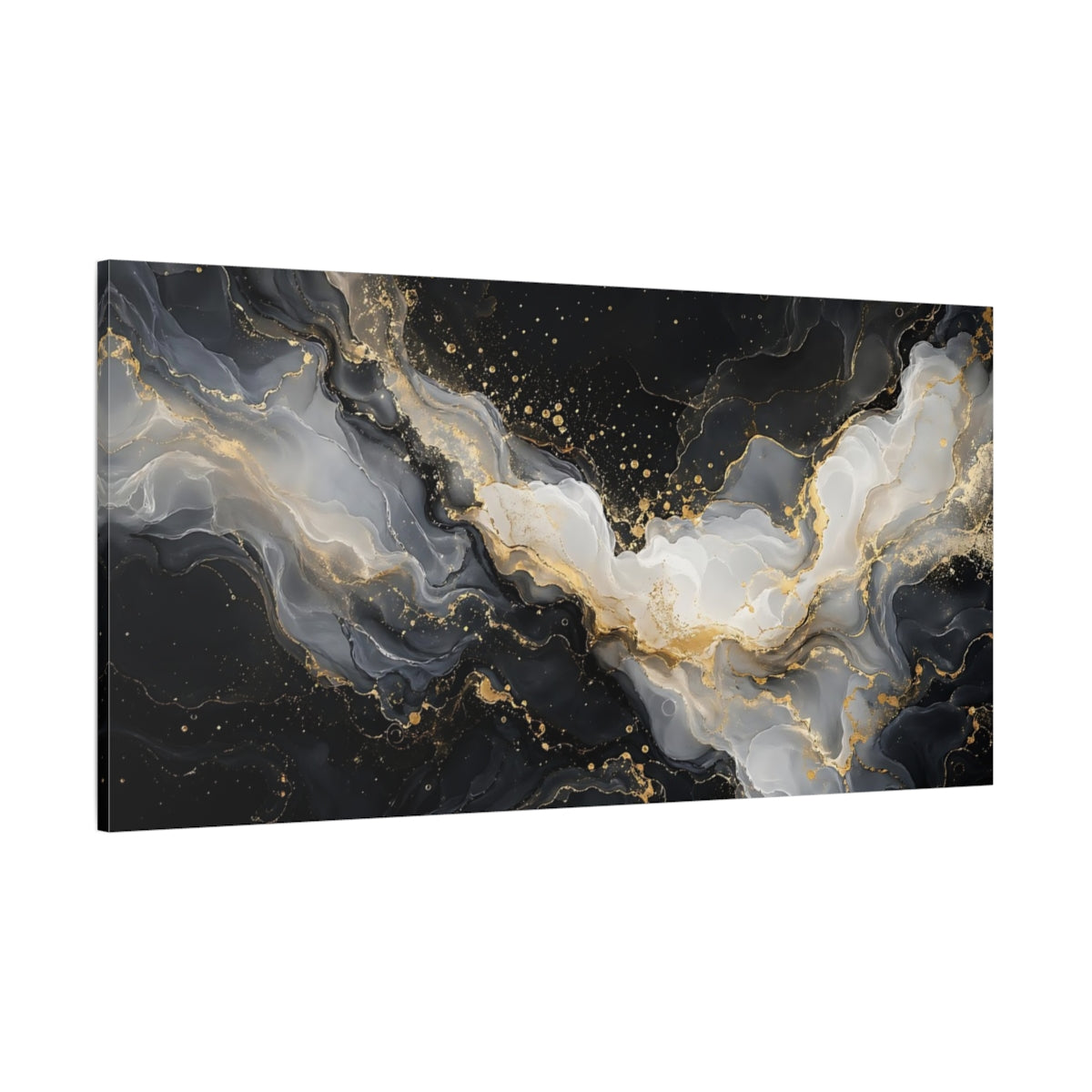 Side Mockup 2. Abstract Fluid Art Black Gold Abstract shown as stretched canvas wall art