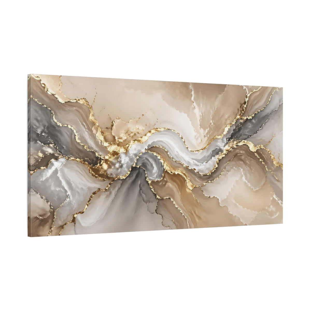 Side Mockup 2. Abstract Fluid Art Gold And Beige Abstract shown as stretched canvas wall art