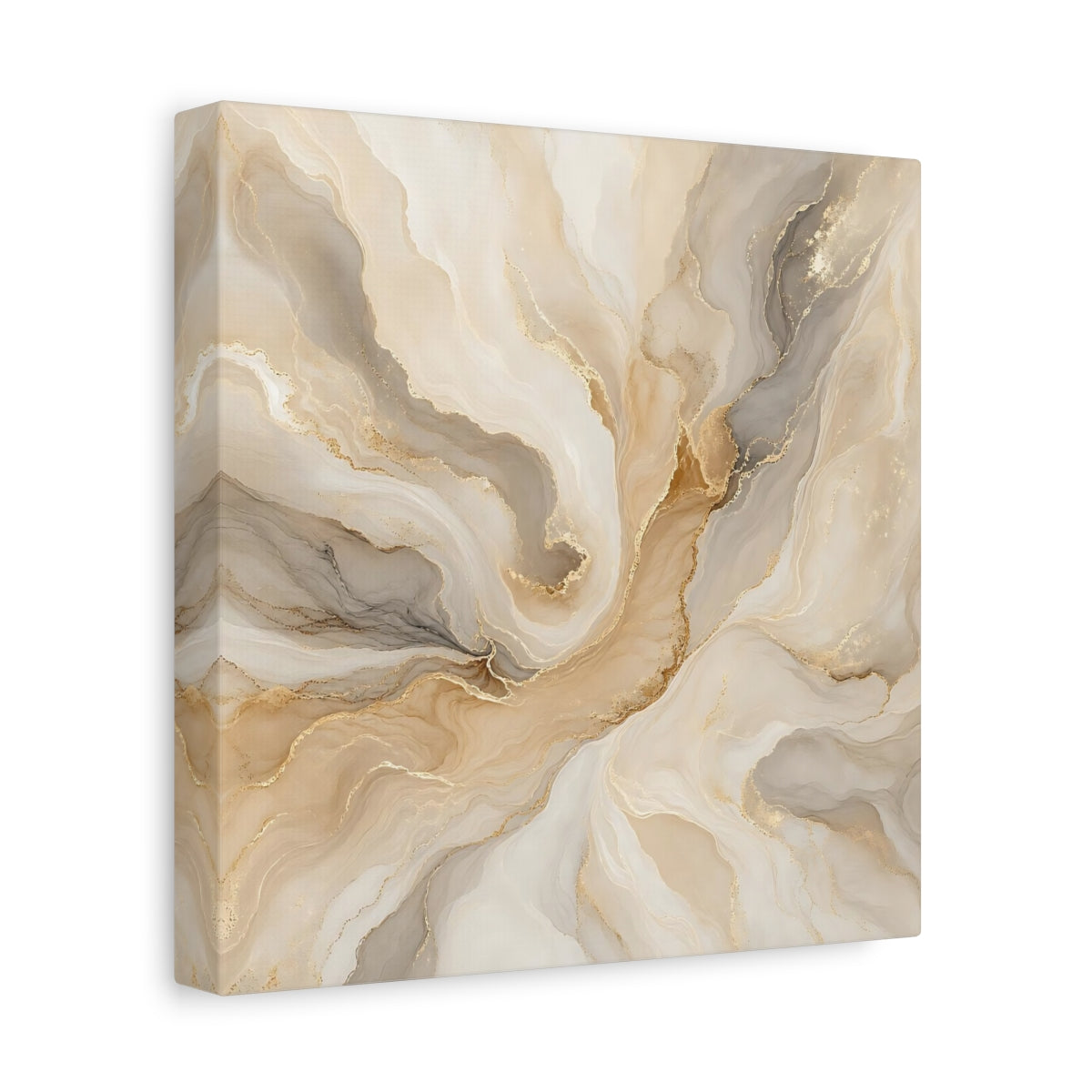 Side Mockup 9. Abstract Fluid Art Gold And Beige shown as stretched canvas wall art