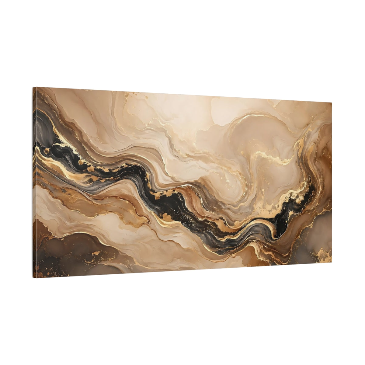 Side Mockup 2. Abstract Fluid Art Gold And Black Abstract shown as stretched canvas wall art
