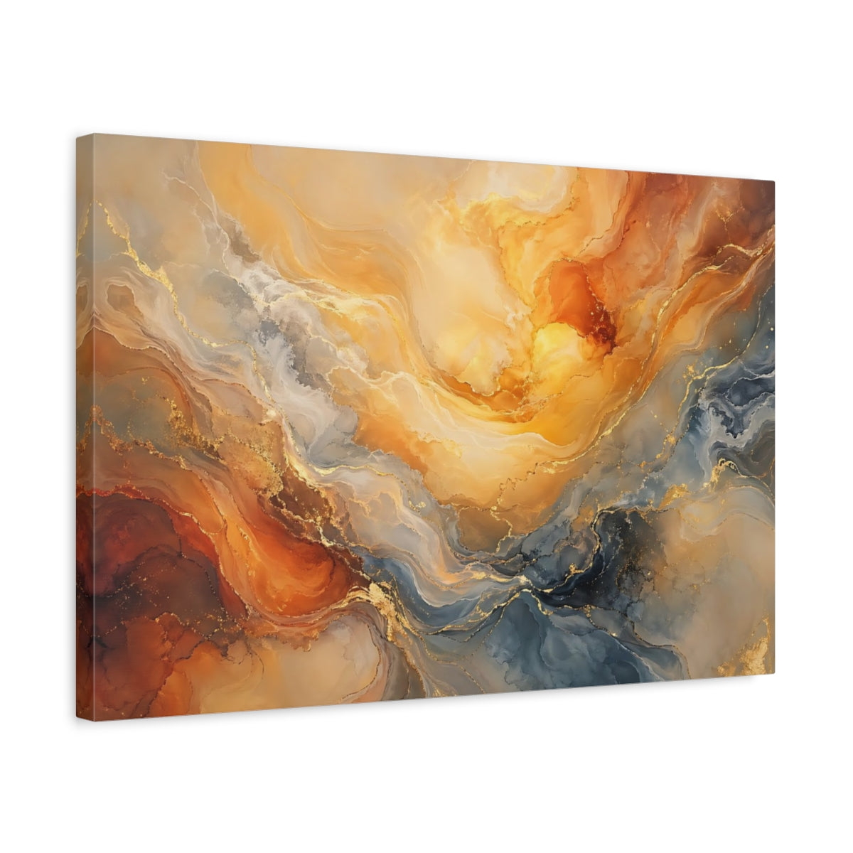 Side Mockup 3. Abstract Fluid Art Orange Gold Blue shown as stretched canvas wall art