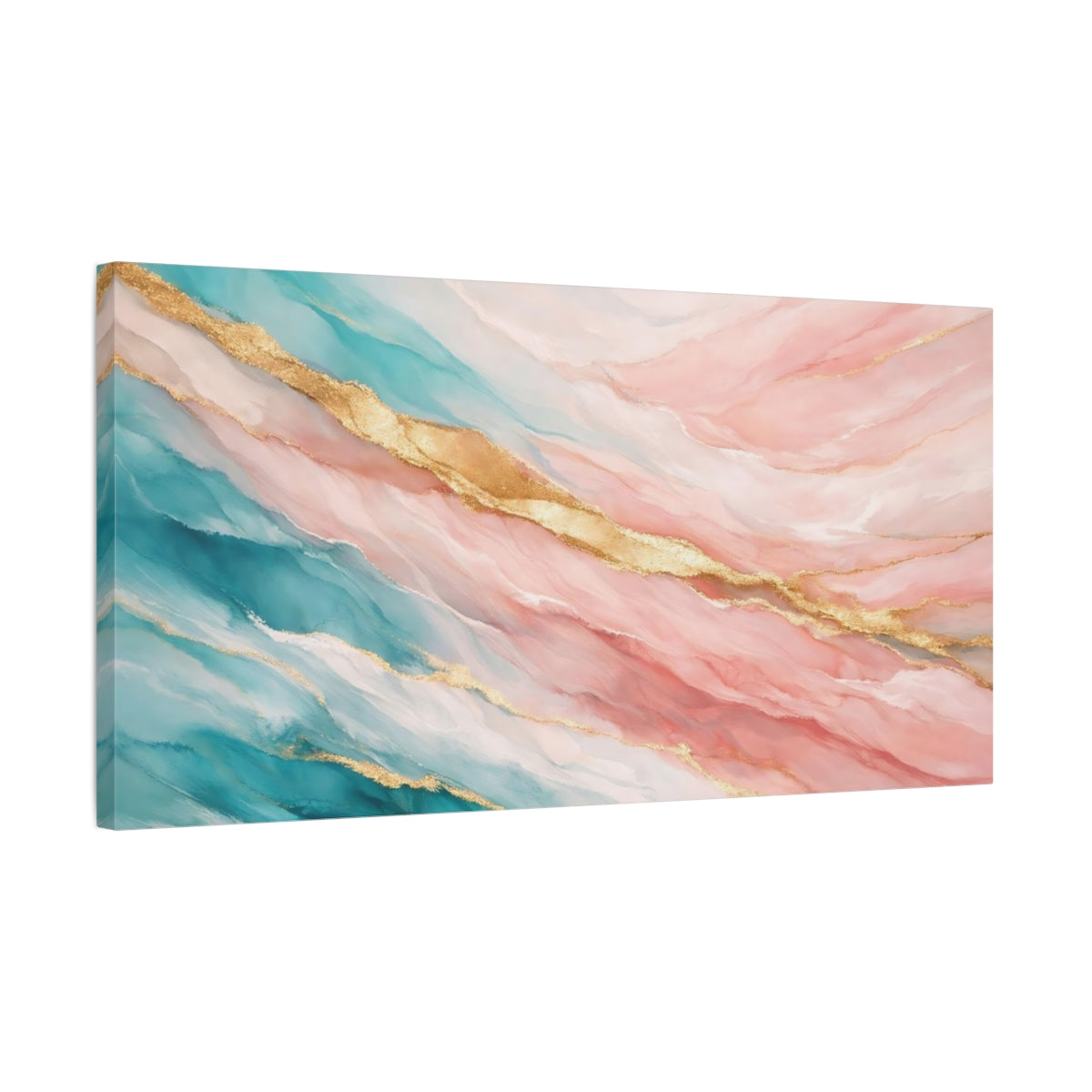 Side Mockup 2. Abstract Fluid Art Teal Pink Gold shown as stretched canvas wall art