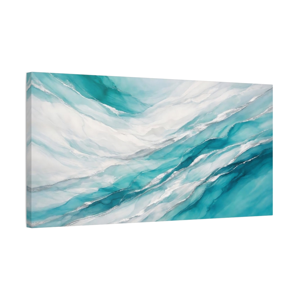 Side Mockup 2. Abstract Fluid Art Teal Silver Abstract shown as stretched canvas wall art