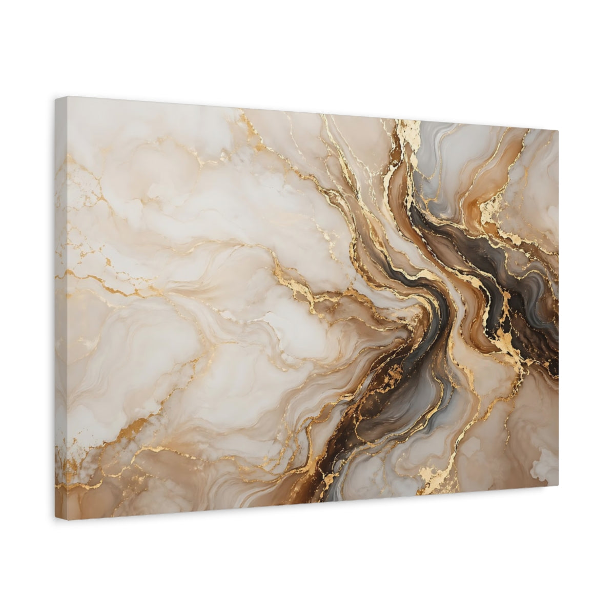 Side Mockup 3. Abstract Fluid Abstract Gold And Brown shown as stretched canvas wall art