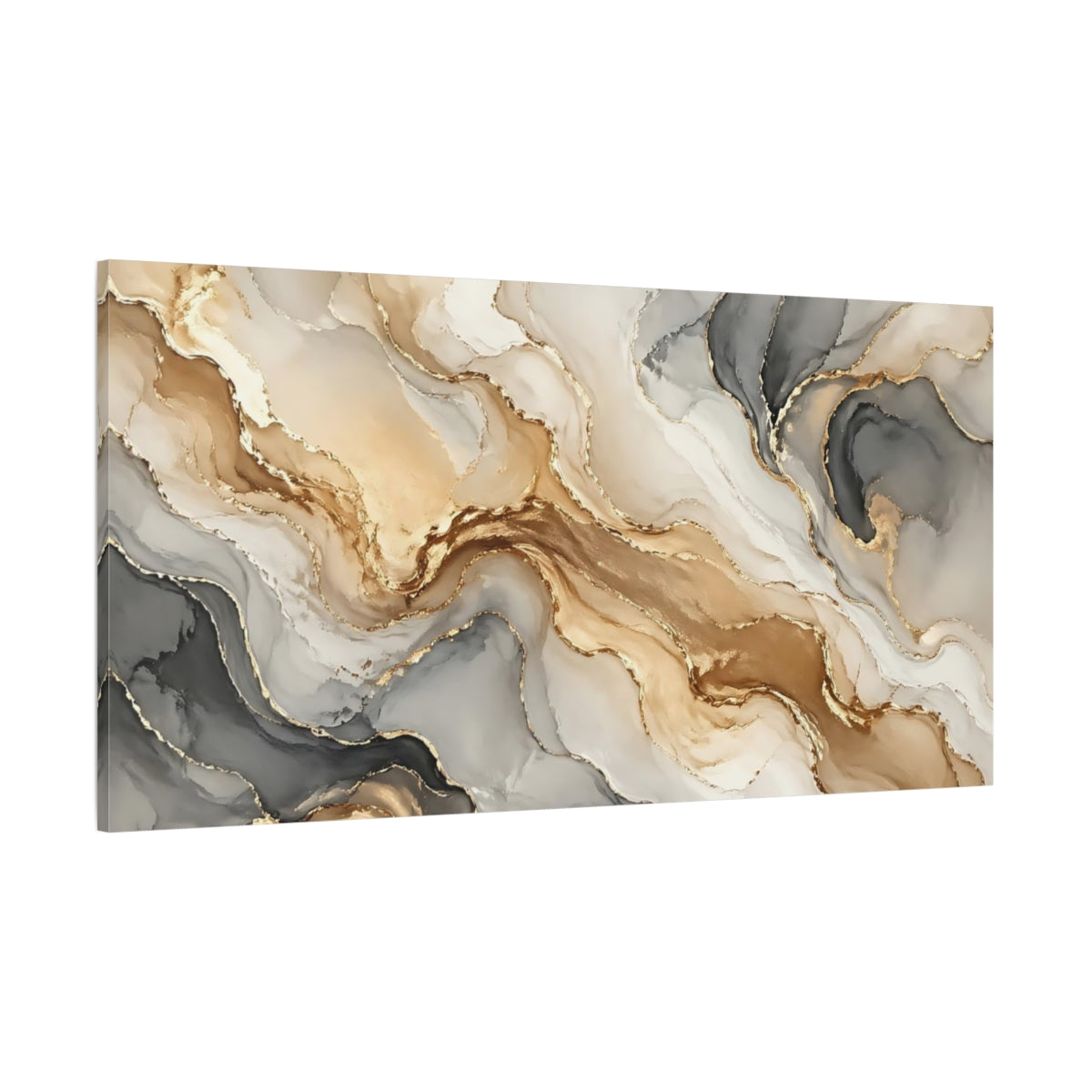 Side Mockup 2. Abstract Fluid Abstract Gold And Grey shown as stretched canvas wall art