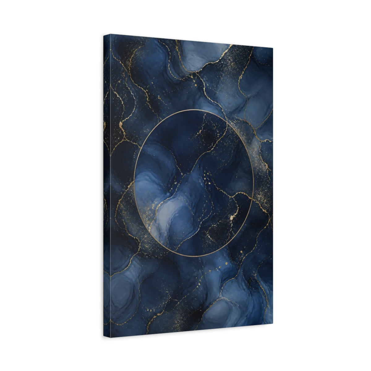 Side Mockup 3. Abstract Fluid Abstract Navy Gold Abstract shown as stretched canvas wall art