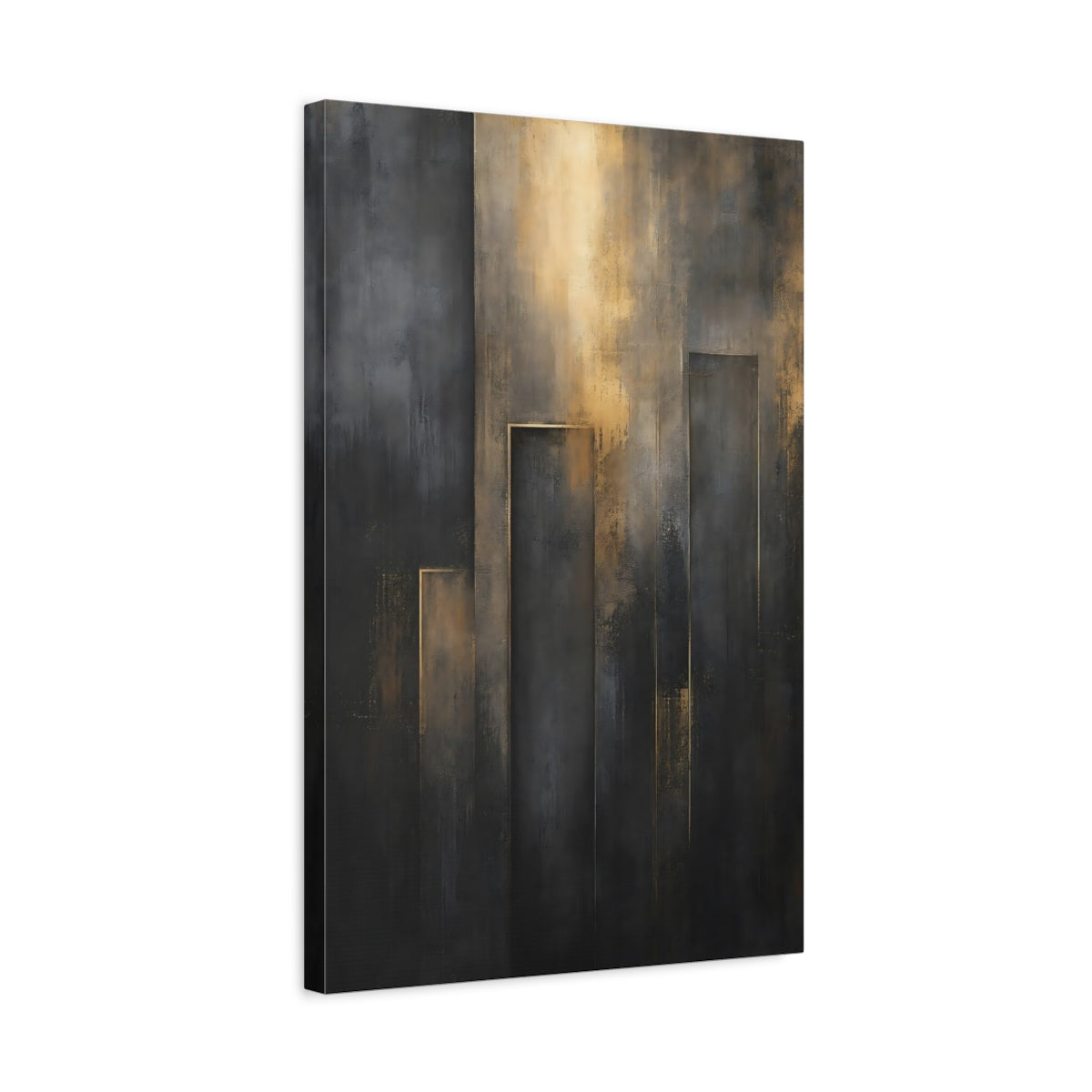 Side Mockup 3. Abstract Abstract Forms Black And Gold Abstract shown as stretched canvas wall art