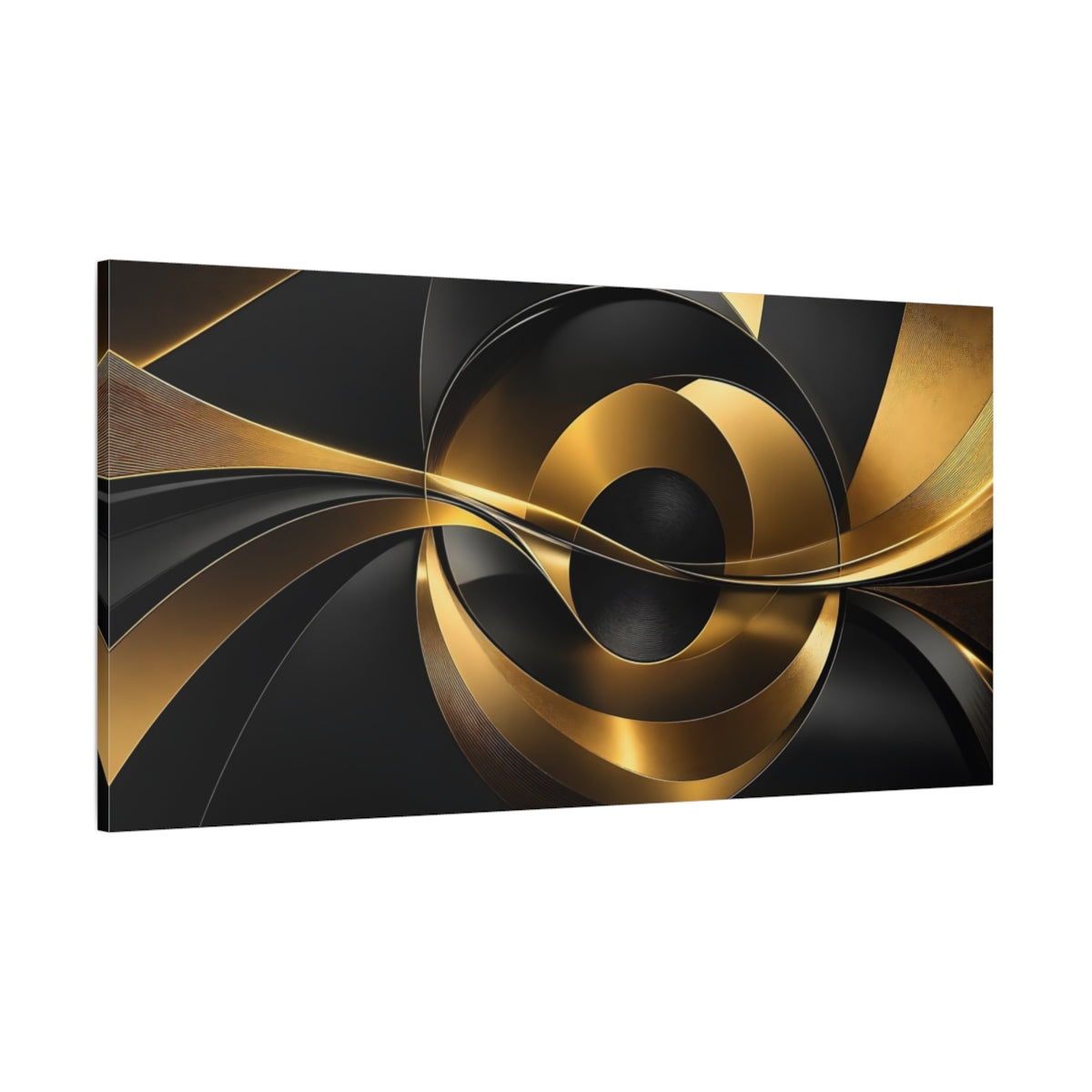 Side Mockup 2. Abstract Abstract Forms Black And Gold Abstract shown as stretched canvas wall art