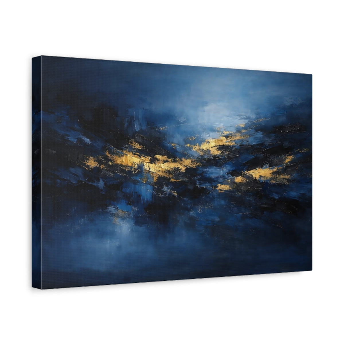 Side Mockup 4. Abstract Abstract Forms Blue And Gold shown as stretched canvas wall art