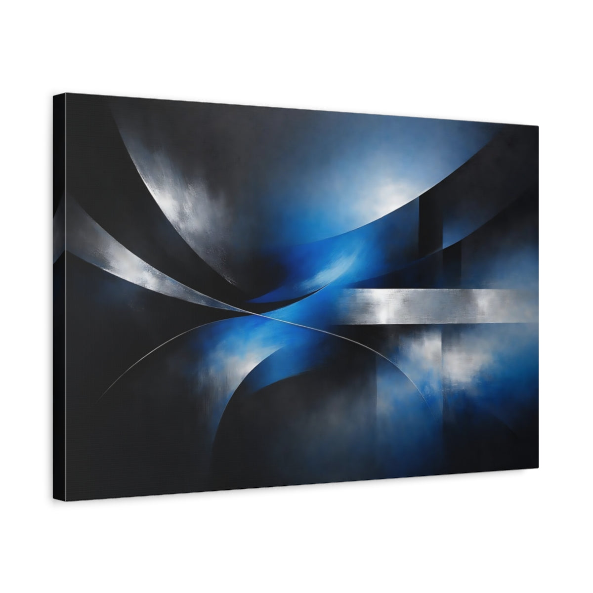 Side Mockup 3. Abstract Abstract Forms Blue And Silver shown as stretched canvas wall art