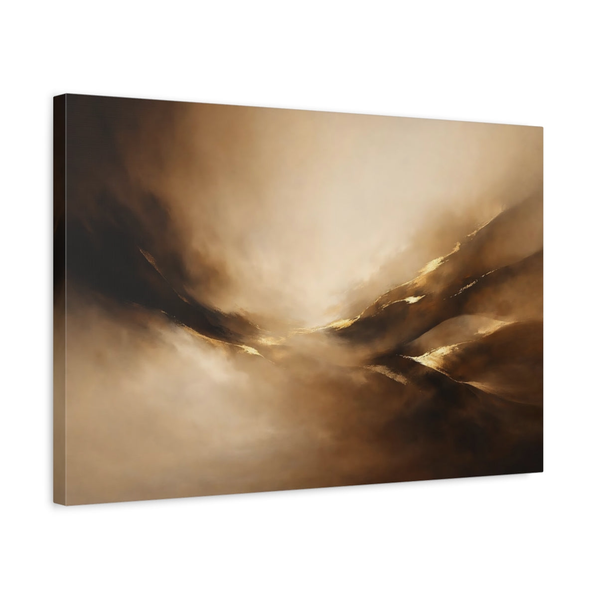 Side Mockup 3. Abstract Abstract Forms Brown Gold Abstract shown as stretched canvas wall art