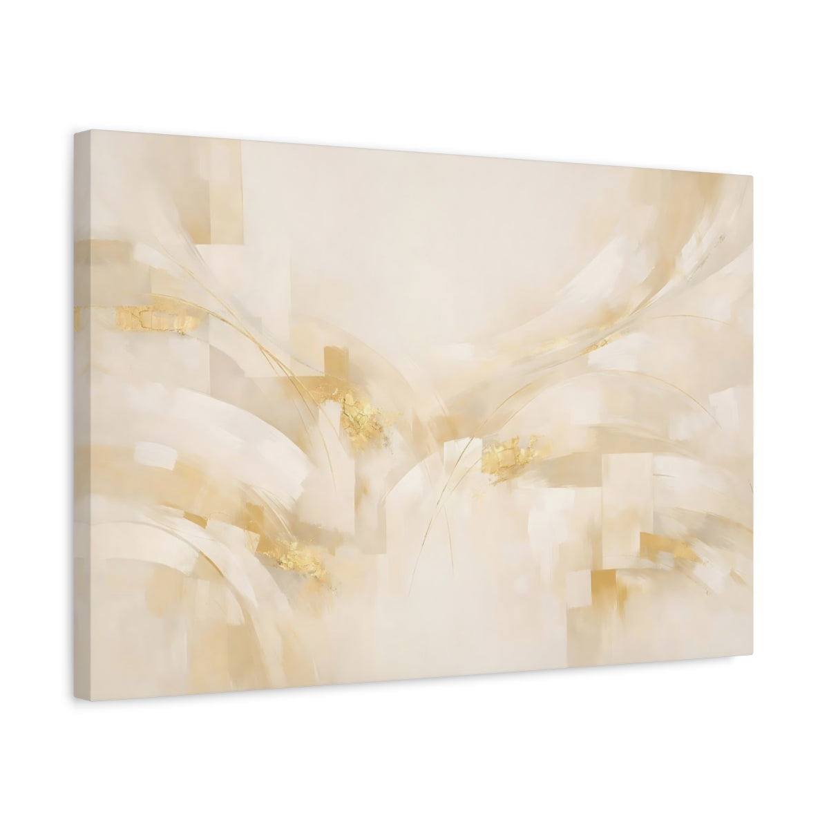 Side Mockup 3. Abstract Abstract Forms Cream And Gold shown as stretched canvas wall art