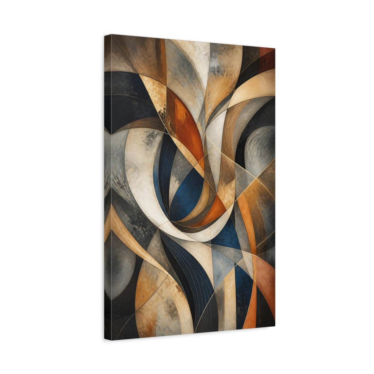 Side Mockup 3. Abstract Abstract Forms Navy Gold Gray shown as stretched canvas wall art